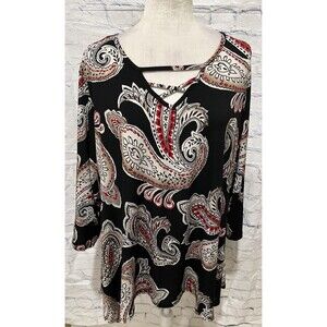 AVENUE Size 22/24 Black, Red. Tan Paisley Split Bell Sleeve Plus-size Blouse Top